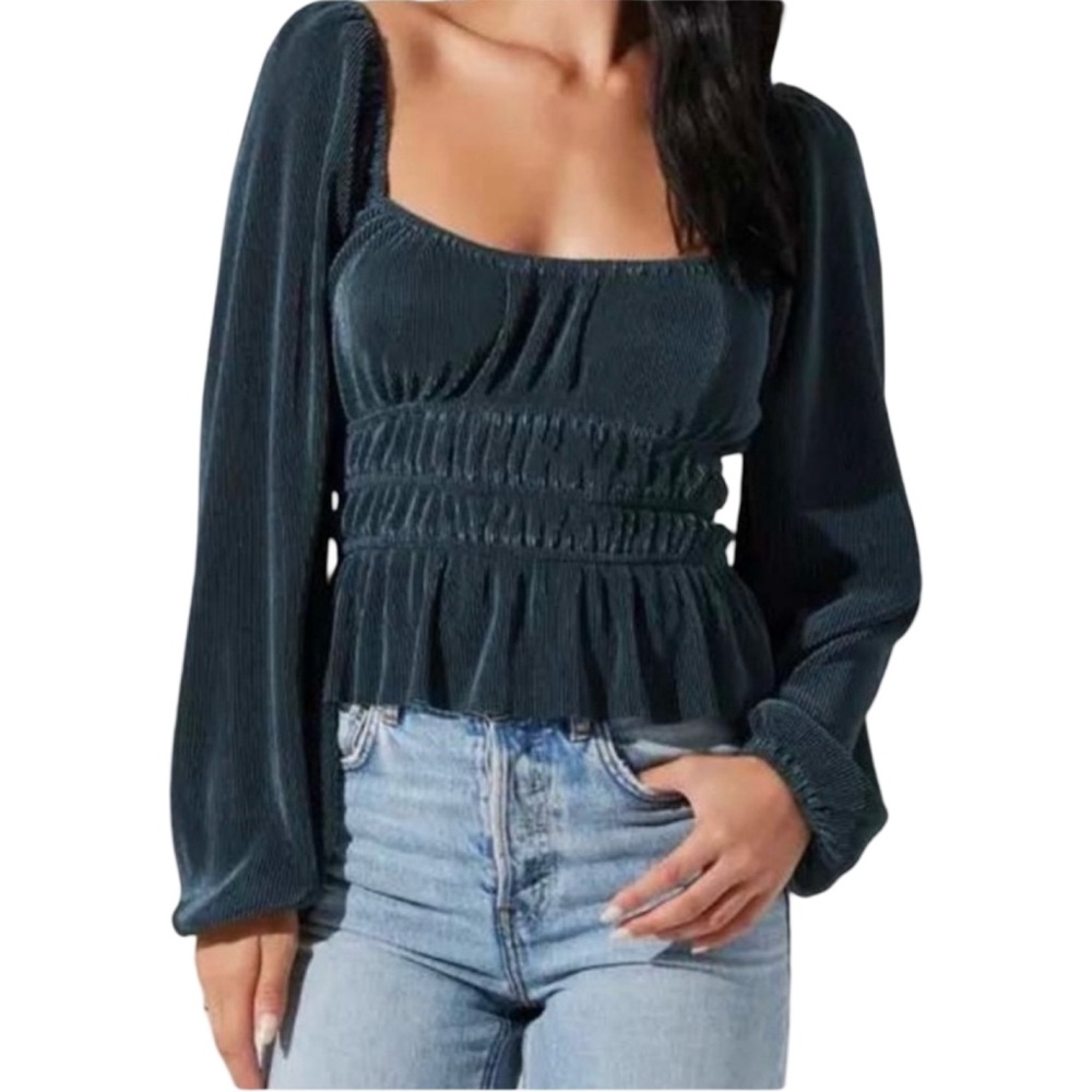 Astr Women Deep Teal Ziva Pleated Balloon Sleeve Blouse Top Large NWT Boho Fairy